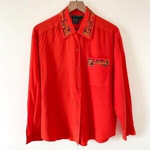 100% Silk Button Up Shirt with Embroidered Details